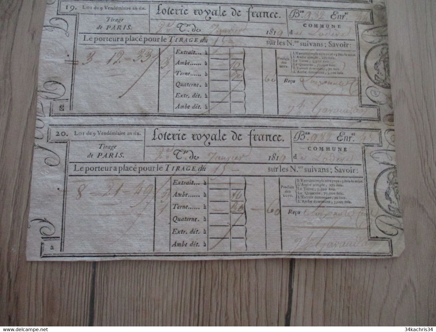 Rarissime Planche  Trois Billets De Loterie Tirage De Paris Commune De Lodève Hérault 1819 - Billets De Loterie