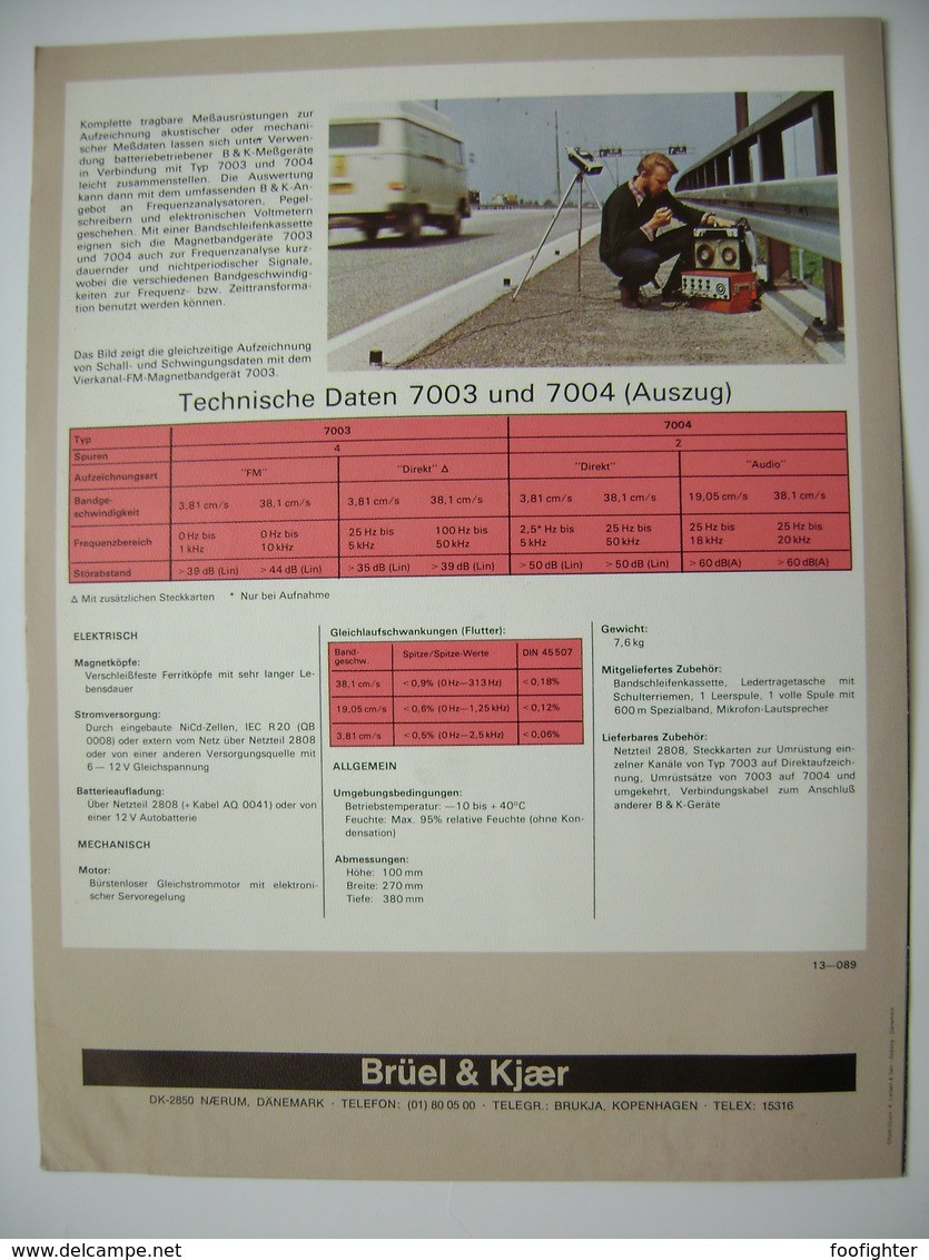 BRÜEL & KJAER - TAPE RECORDER 7003 & 7004 - Instructions Technical Data, Meßmagnetbandgeräte, Technische Daten - Otros Aparatos