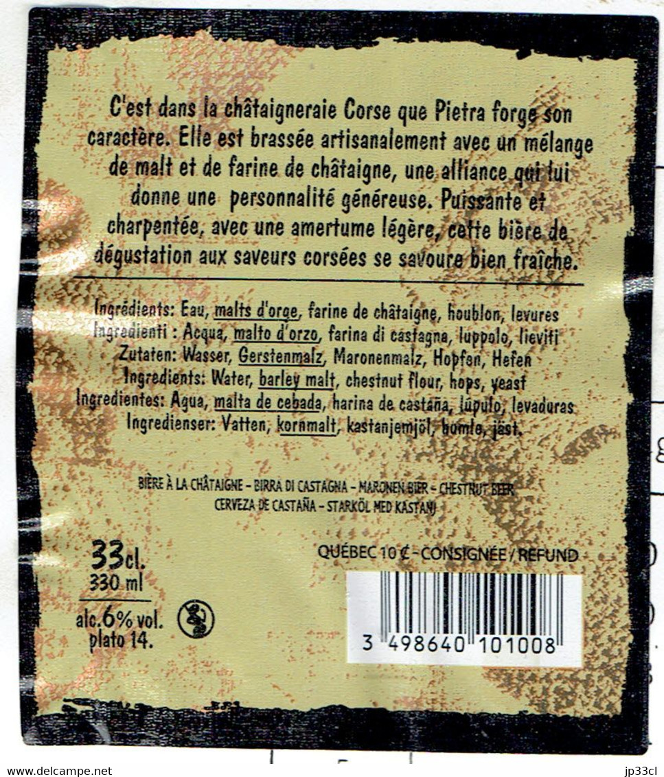 Bière Corse : 2 étiquettes + Capsule De "Biera Corsa Pietra" (Bière Ambrée à La Châtaigne, Brasserie Pietra, Furiani) - Cerveza