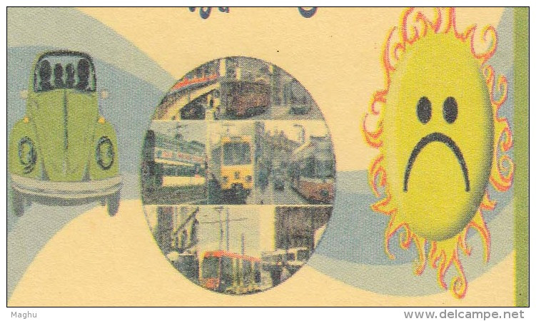 Used Postcard, Pollution Control Board, Car, Train, Tram, Transport, Astronomy Fire Planet, Meghdoot Postcard - Pollution