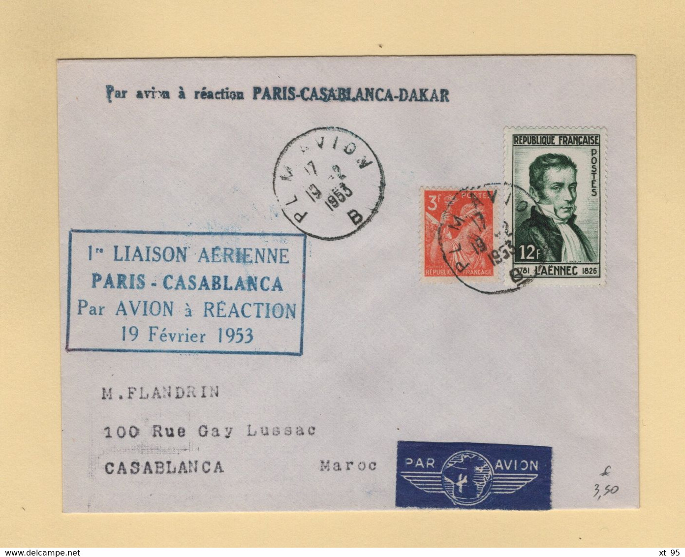 1ere Liaison Paris Casablanca Par Avion A Reaction - 19 Fevrier 1953 - First Flight Covers