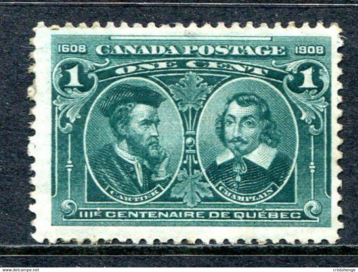 Canada 1908 Quebec Tercentenary - 1c Jacques Cartier & Samuel Champlain HHM (SG 189) - Patchy Gum - Nuovi