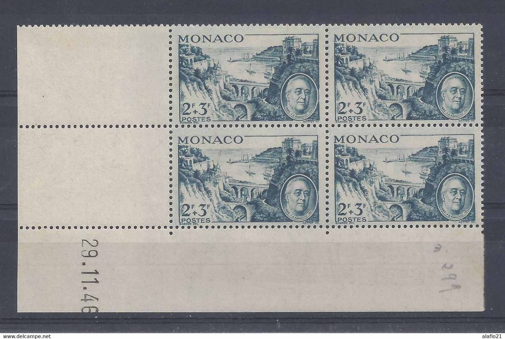 MONACO - N° 299 - HOMMAGE PRESIDENT ROOSEVELT - Bloc De 4 COIN DATE - NEUF SANS CHARNIERE - 29/11/46 - Unused Stamps