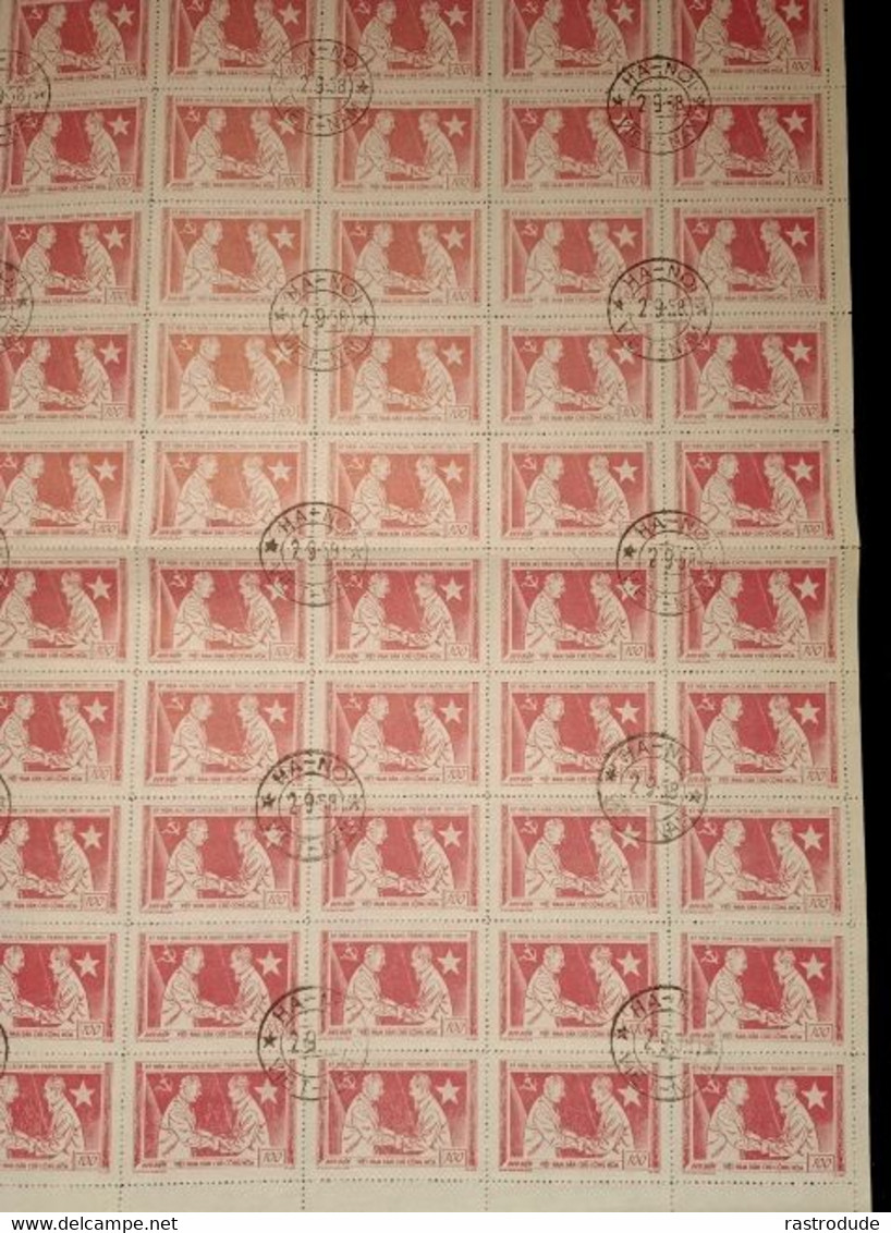 1956 VIETNAM 100d SHEET OF 92 Cat. €736 Mi.64, 40th ANNIVERSARY OCTOBER REVOLUTION. CANCELLED TO ORDER. RARE - Vietnam