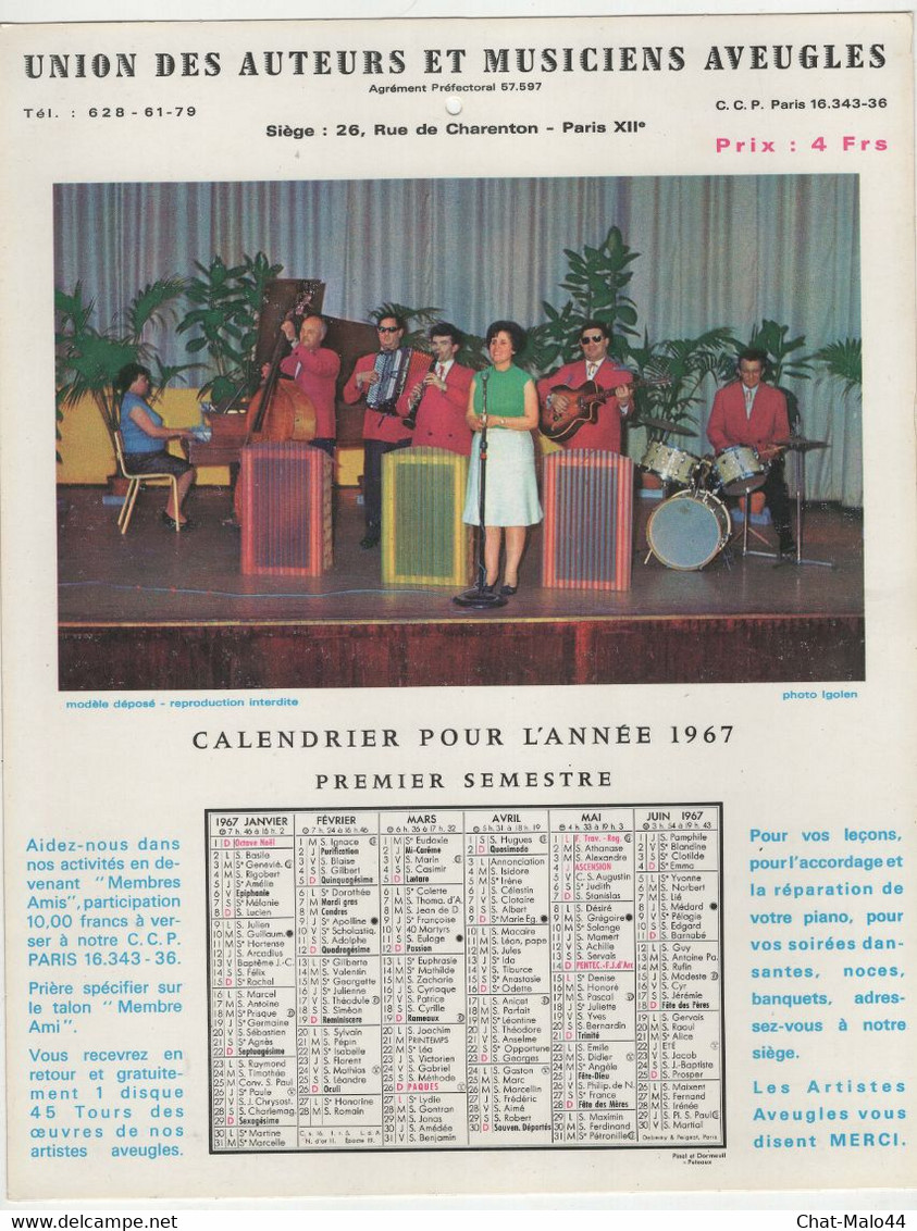 Union Des Auteurs Et Musiciens Aveugles, Paris. Calendrier Pour L'année 1967. 2 Illustrations Photos De Igolen - Big : 1961-70
