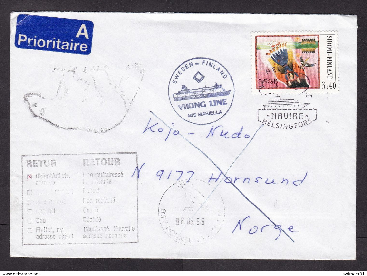 Finland: Priority Cover To Norway, 1999, 1 Stamp, Europa, Ship Cancel Viking Line Ferry, Returned, Retour (minor Crease) - Storia Postale