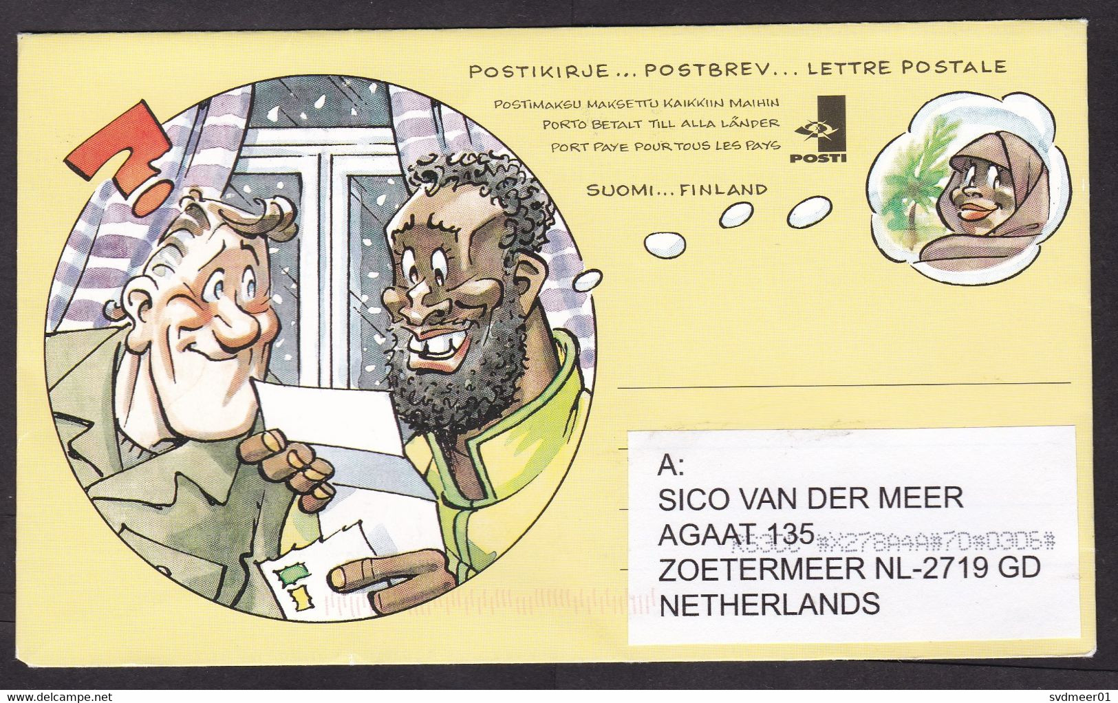 Finland: Stationery Cover To Netherlands, 2000s, Immigration, Lady, Cartoon, No Cancel Only Sorting Code (traces Of Use) - Lettres & Documents