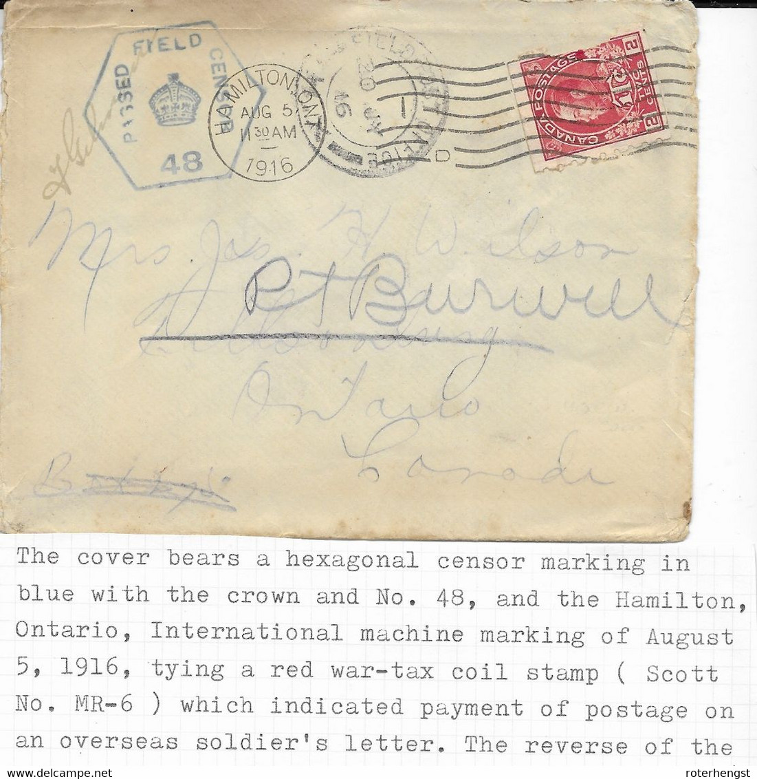 Canada Censored On Faulty War Tax Stamp 1916 Oversea Soldier Post Tillsonburg And Port Burwell Cancels Back - War Tax