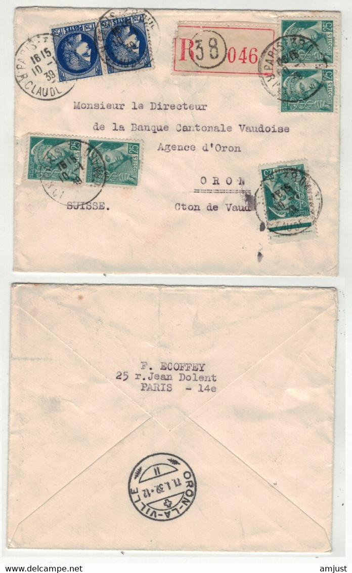 France // 1900-1945 // Lettre Recommandée Pour La Suisse Le 10.01.1939 - Storia Postale