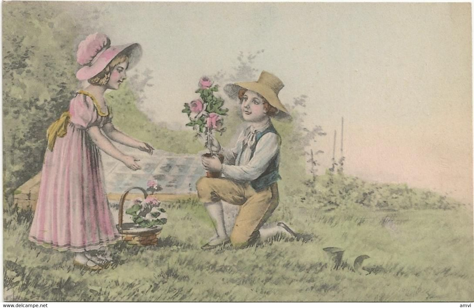 22-8-2695 Jeune Homme A Genoux Offrant Un Vase De Roses - Paare