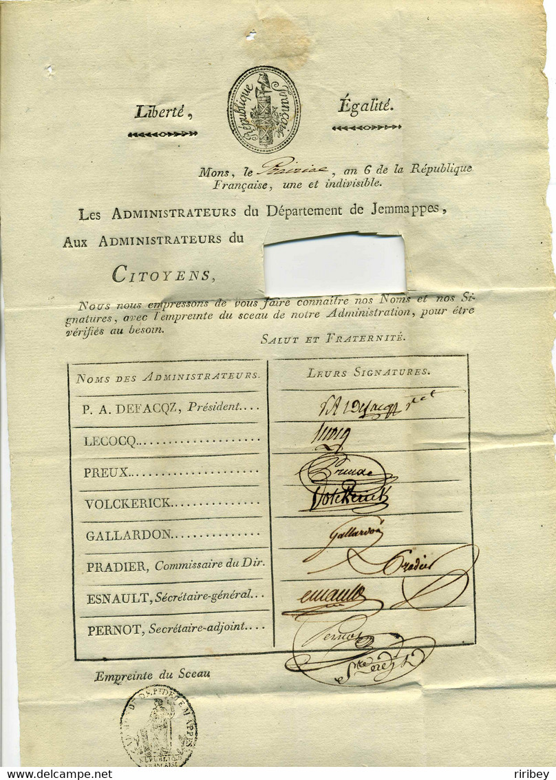 86 MONS / Dept De Jemmapes / An 6 / Empreinte Du Sceau Et Signatures Des Administrateurs Du Dept - 1792-1815: Départements Conquis
