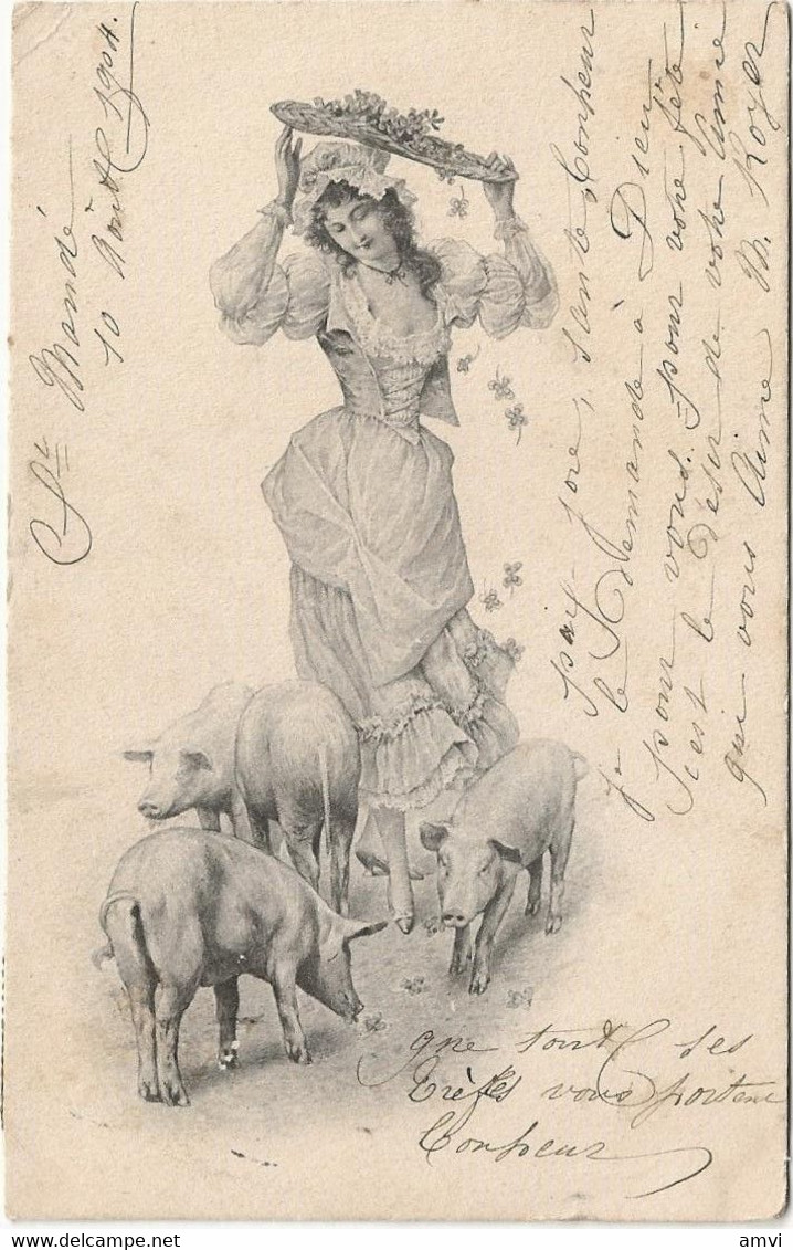 22-8-2698 Jeune Femme Entourée De Cochons 1904 (un Angle Abimé) - Vrouwen