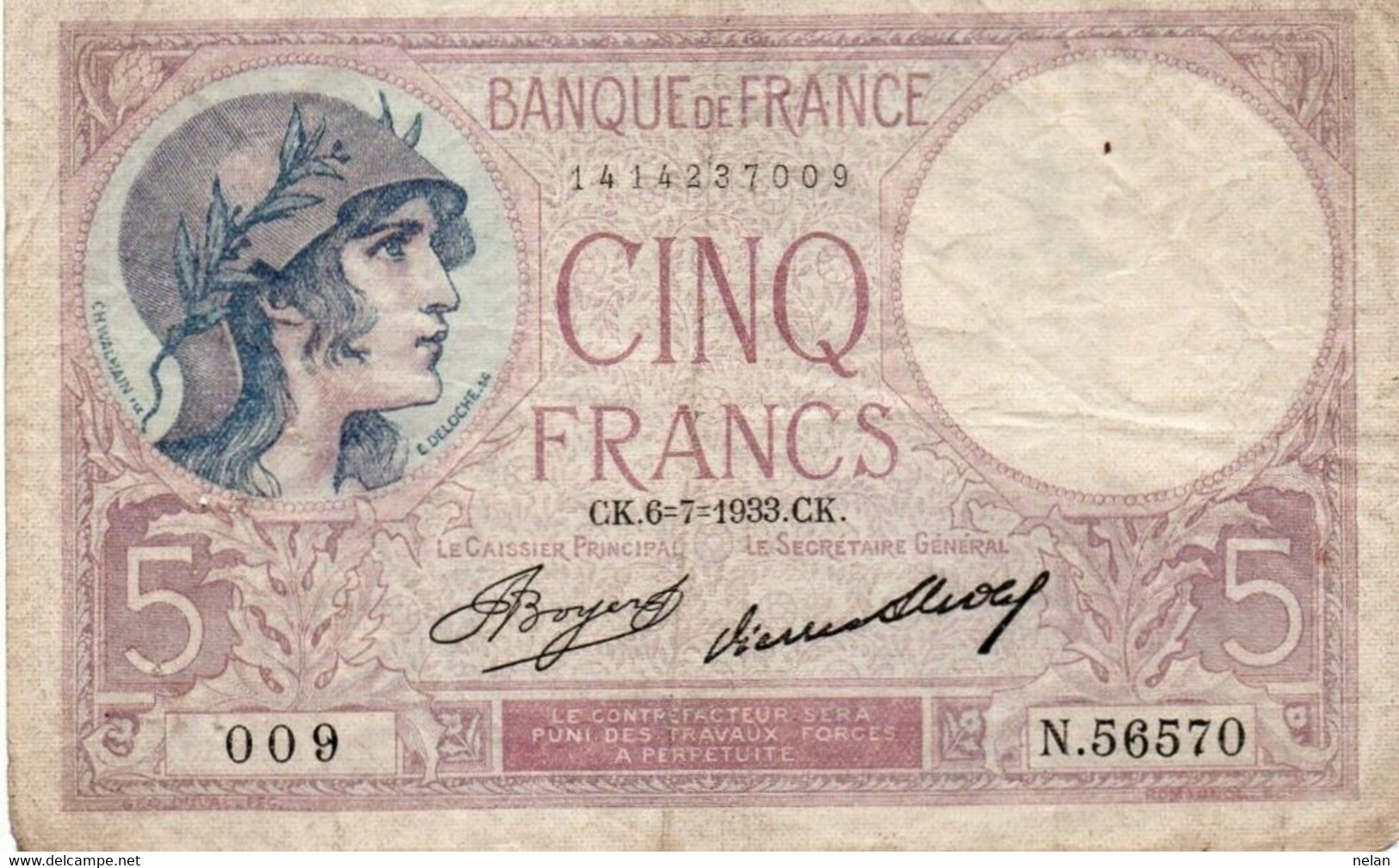 FRANCIA - 5 FRANCS 1933 P-72e8 - 5 F 1917-1940 ''Violet''