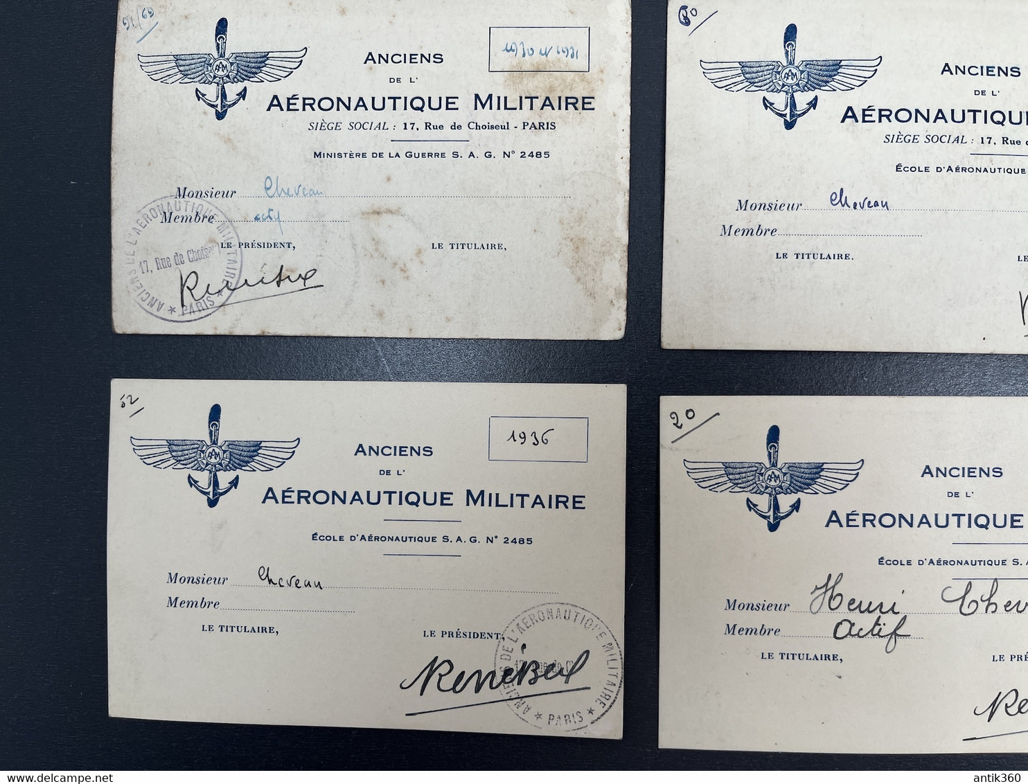 Lot De 7 Cartes De Membre Anciens De L'Aéronautique Militaire Paris 1930 à 1939 Aviation - Membership Cards