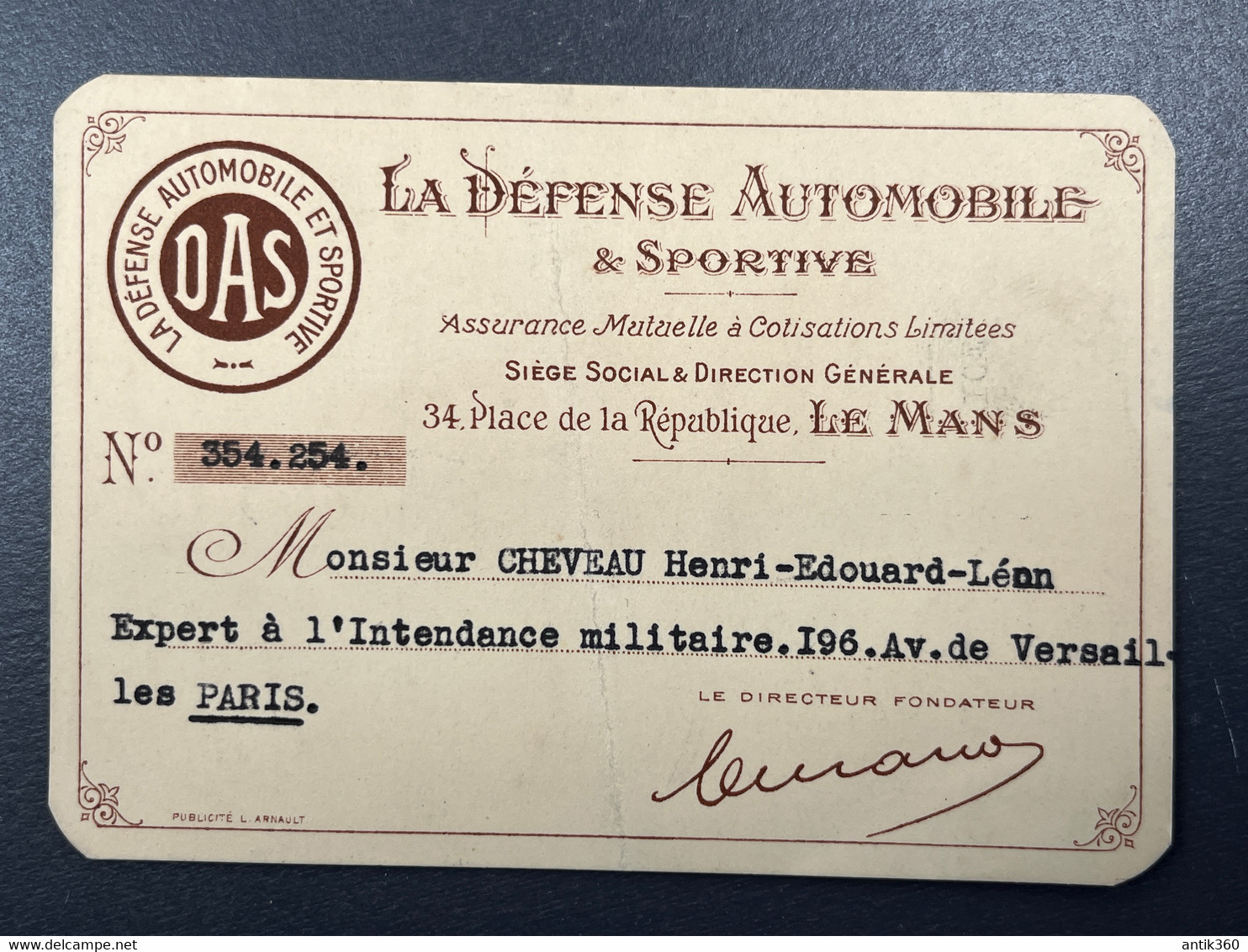 Carte De Visite Ancienne Assurances DAS La Défense Automobile & Sportive Le Mans Publicité Ancienne - Visitekaartjes