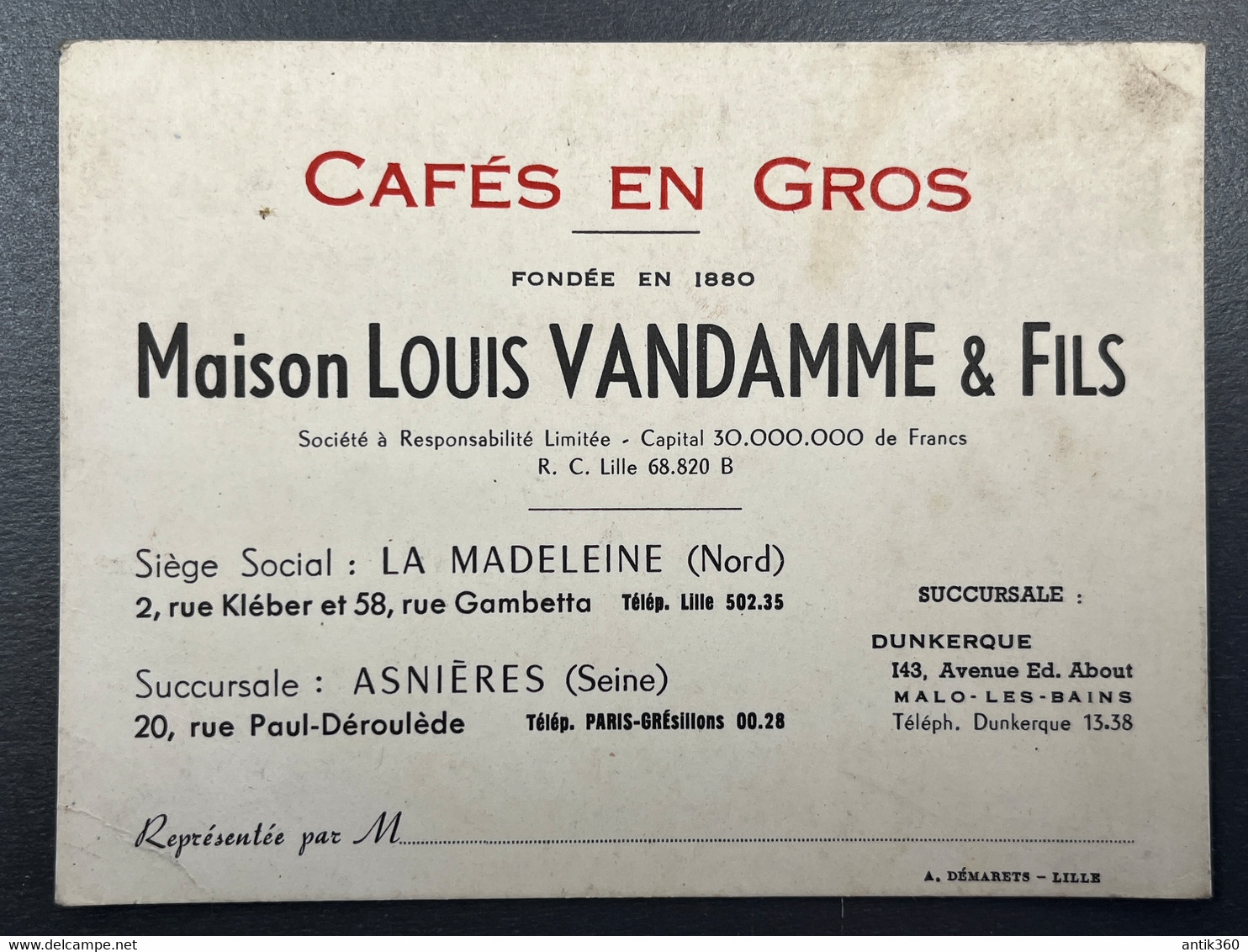 Carte De Visite Ancienne Cafés En Gros Maison Louis VANDAMME & Fils La Madeleine Nord Et Asnières Seine Publicité - Cartoncini Da Visita