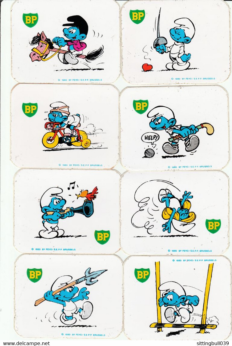 PEYO. Les Schtroumps. RARE Série De 8 Autocollants PUB BP. 1980 By Peyo/SEPP BRUSSELS. Collection ! - Autocollants