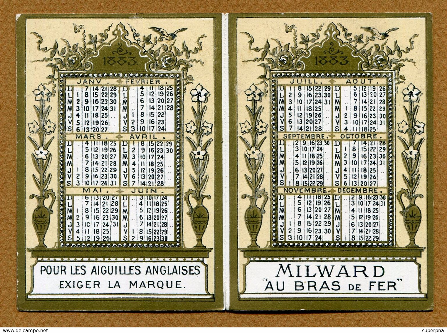 CALENDRIER CHROMO (1883) : " MACHINE A COUDRE H. MILWARD & SONS " - Petit Format : ...-1900