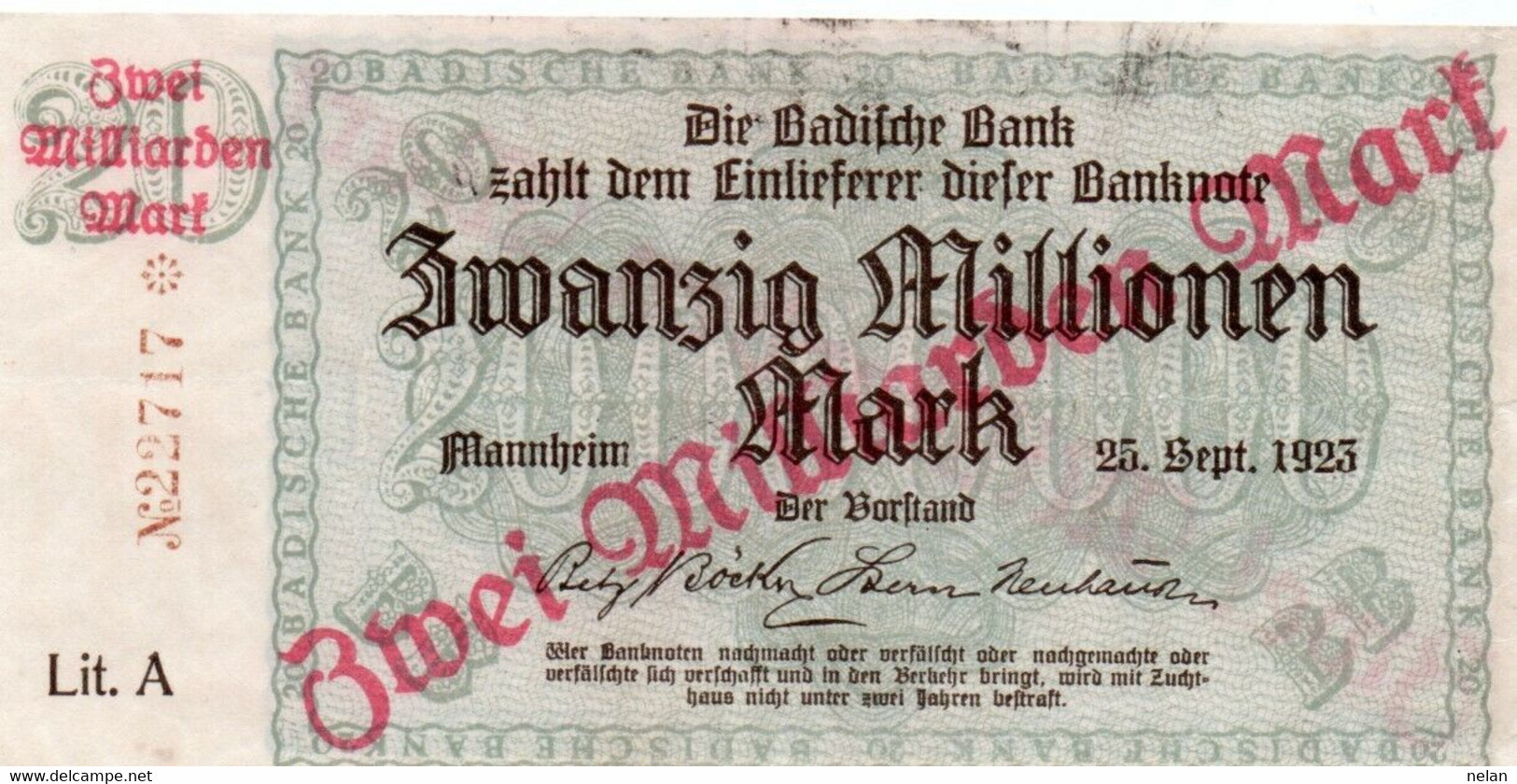 GERMANIA 2 MILLIARDEN MARK 1923 - Kel:3428d. - BADISCHE BANC - XF - [13] Bundeskassenschein