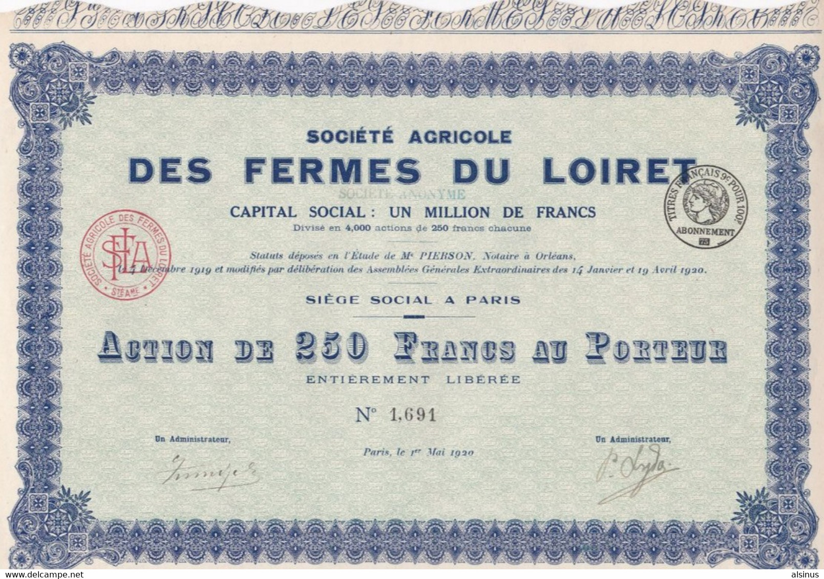 ACTION DE 250 FRANCS - SOCIETE AGRICOLE DES FERMES DU LOIRET - Agriculture