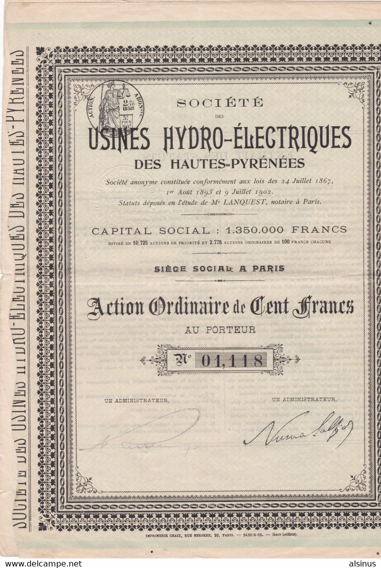 ACTION DE CENT FRANCS - USINES HYDRO-ELECTRIQUES DES HAUTES PYRENEES - Electricidad & Gas