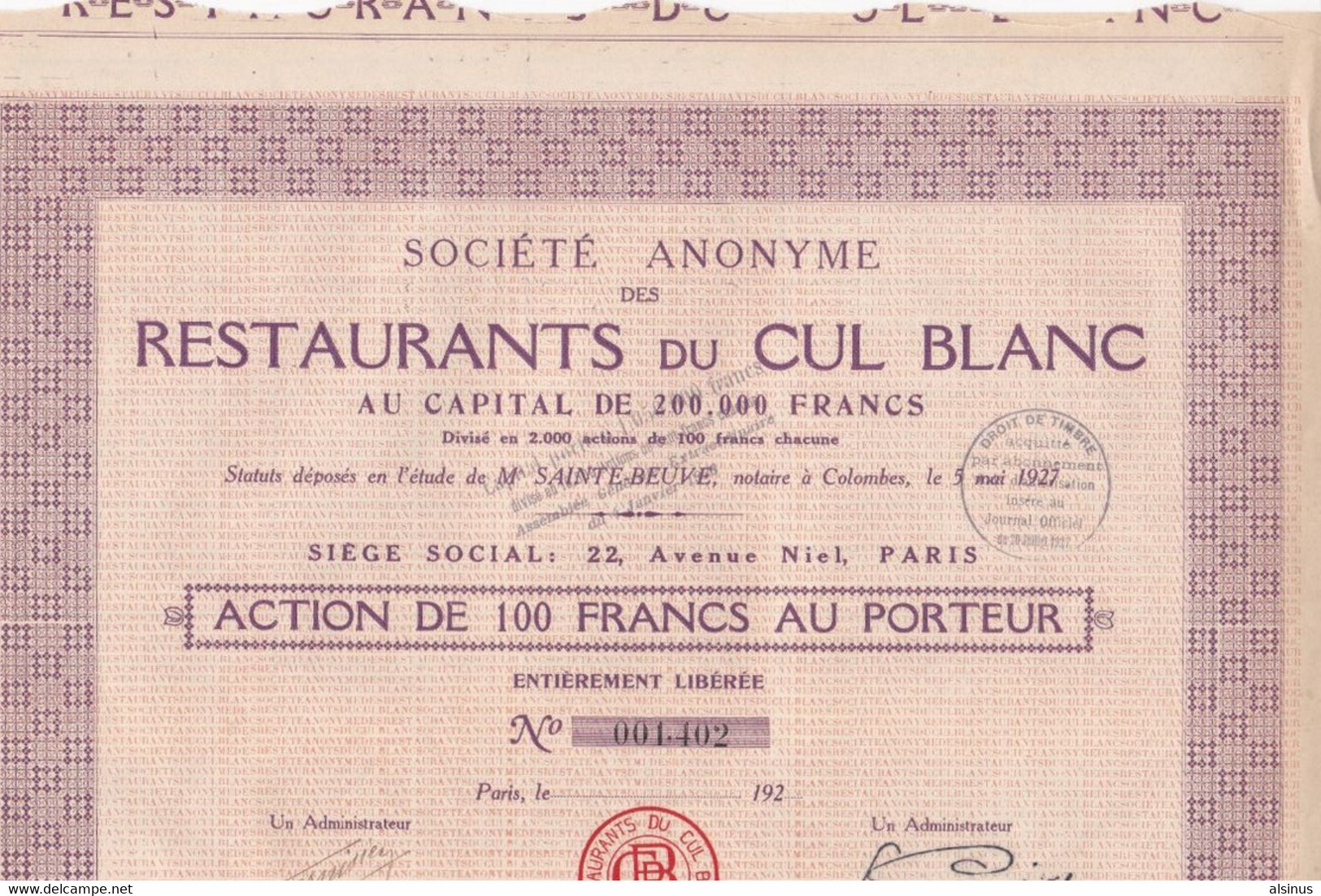 ACTION DE 100 FRANCS - SOCIETE ANONYME DES RESTAURANTS DU CUL BLANC - Toerisme