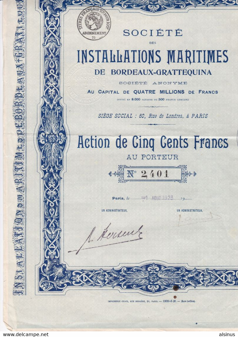 ACTION DE CINQ CENTS FRANCS - SOCIETE DES INSTALLATIONS MARITIMES DE BORDEAUX-GRATTEQUINA - Navigation