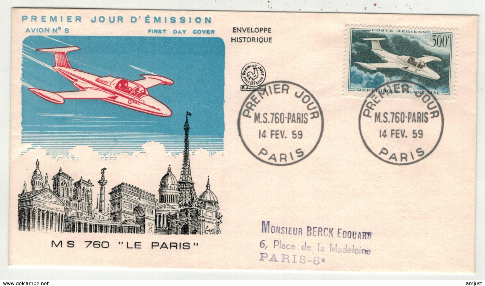 France // FDC // Poste Aérienne // Lettre 1er Jour Avion M.S. 760 "le Paris" 14.02.1959 - 1950-1959