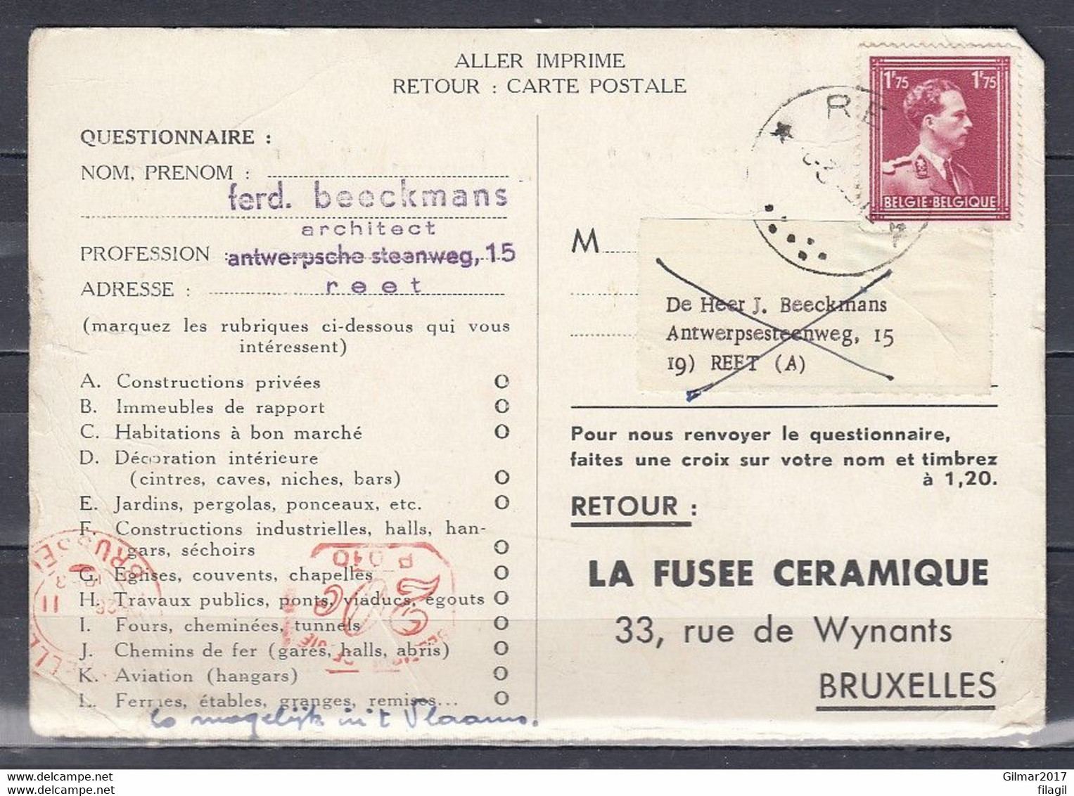 Retour Postkaart Van Reet (sterstempel) Naar Bruxelles - Cachets à étoiles