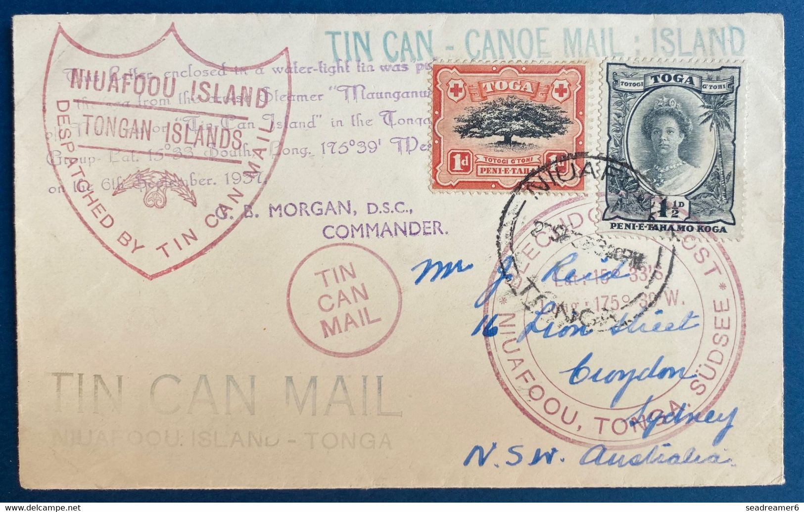 Bristish Colonies TONGA Islands Lettre 1937  "TIN CAN CANOE MAIL" N°39 & 67 Oblitéré Niuafoou Pour L'Australie - Tonga (...-1970)