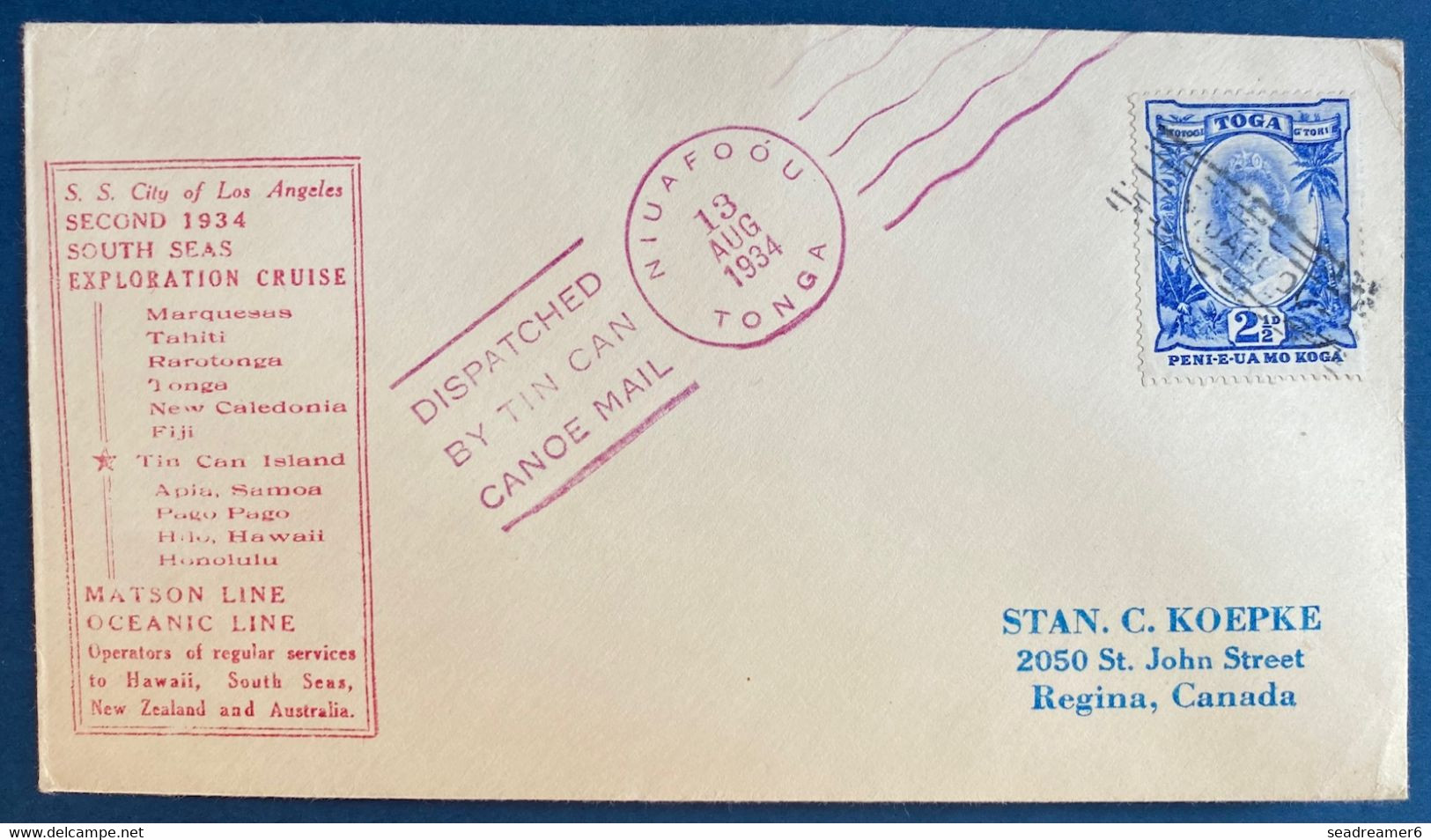 Bristish Colonies TONGA Islands Lettre 1934  "TIN CAN CANOE MAIL" N°69 Oblitéré Niuafoou Pour Le Canada - Tonga (...-1970)