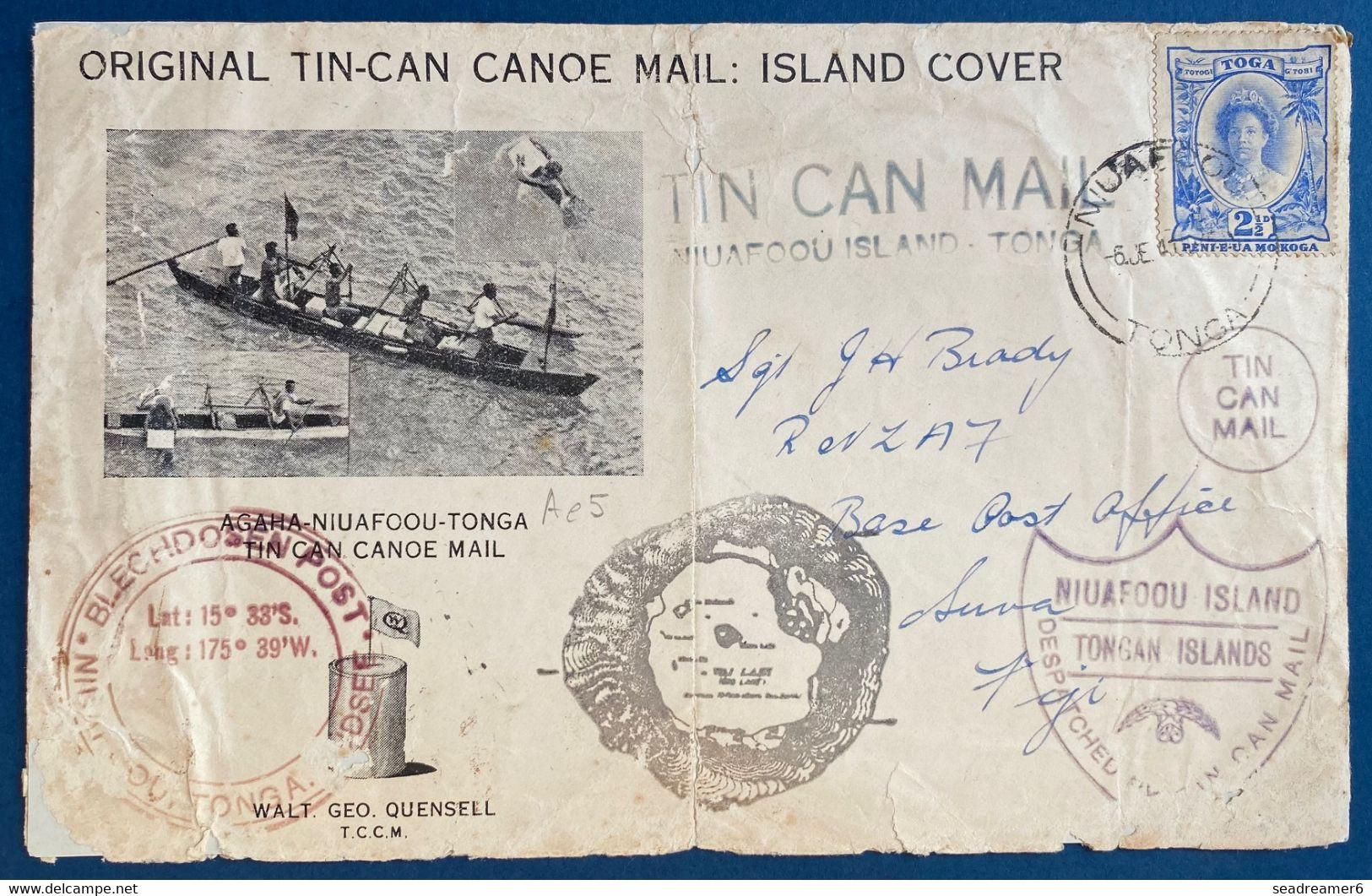 Bristish Colonies TONGA Islands Lettre 1941 " ORIGINAL TIN CAN CANOE MAIL" N°69 Oblitéré Niuafoou - Tonga (...-1970)