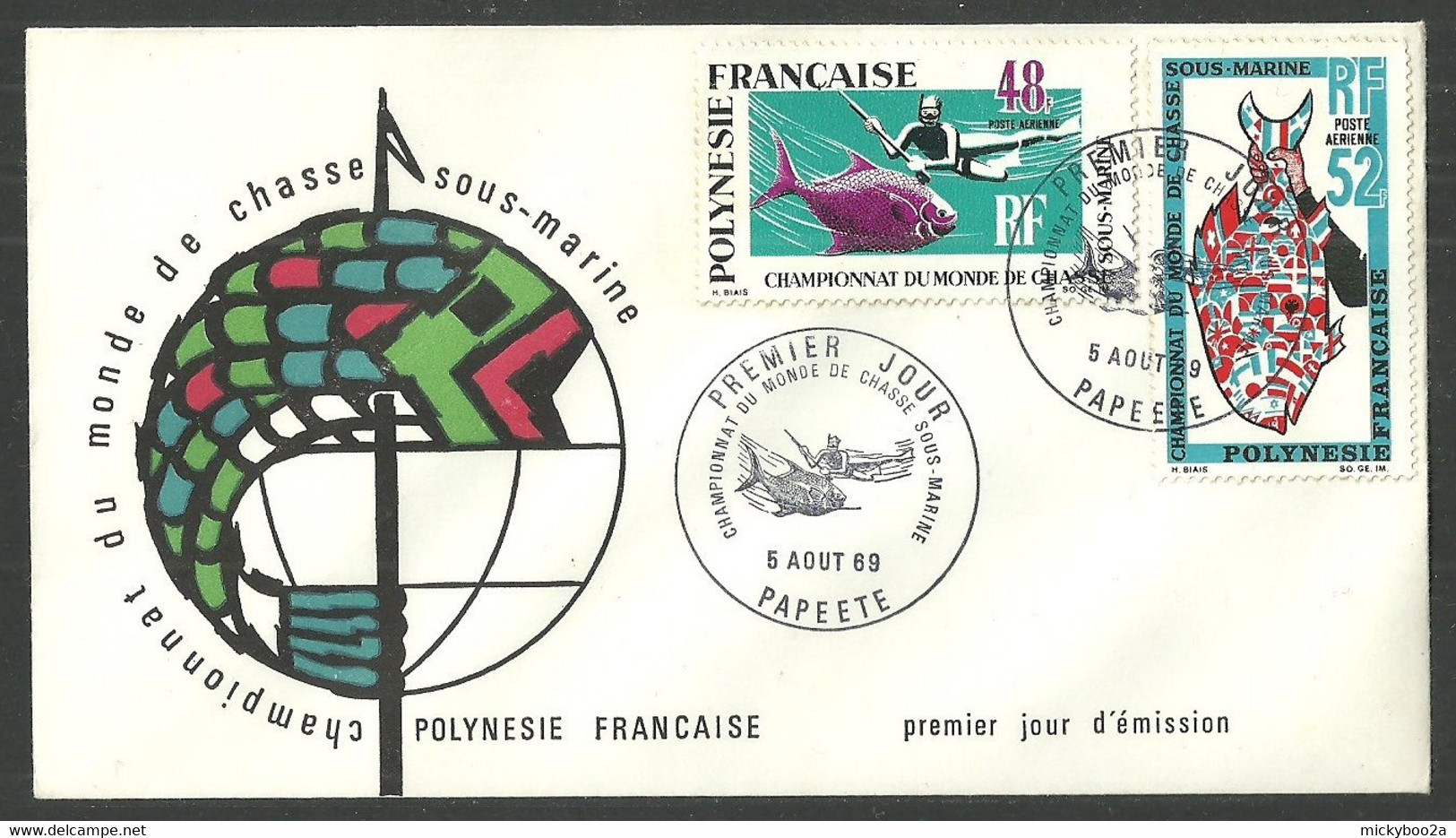 FRENCH POLYNESIA 1969 UNDERWATER HUNTING SCUBA MARINE LIFE FIRST DAY COVER FDC - Briefe U. Dokumente