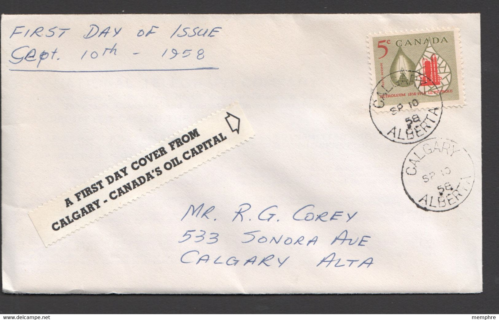 1958  Oil Industry  Sc 381  Corey Cachet Calgary AB Date Stamp Cancel - 1952-1960