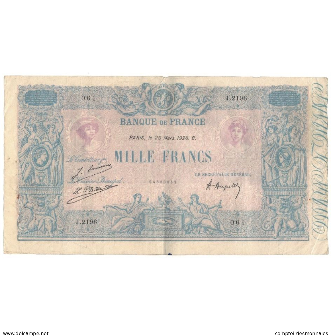 France, 1000 Francs, J.2196, TB+, Fayette:36.42, KM:67j - 1 000 F 1889-1926 ''Bleu Et Rose''
