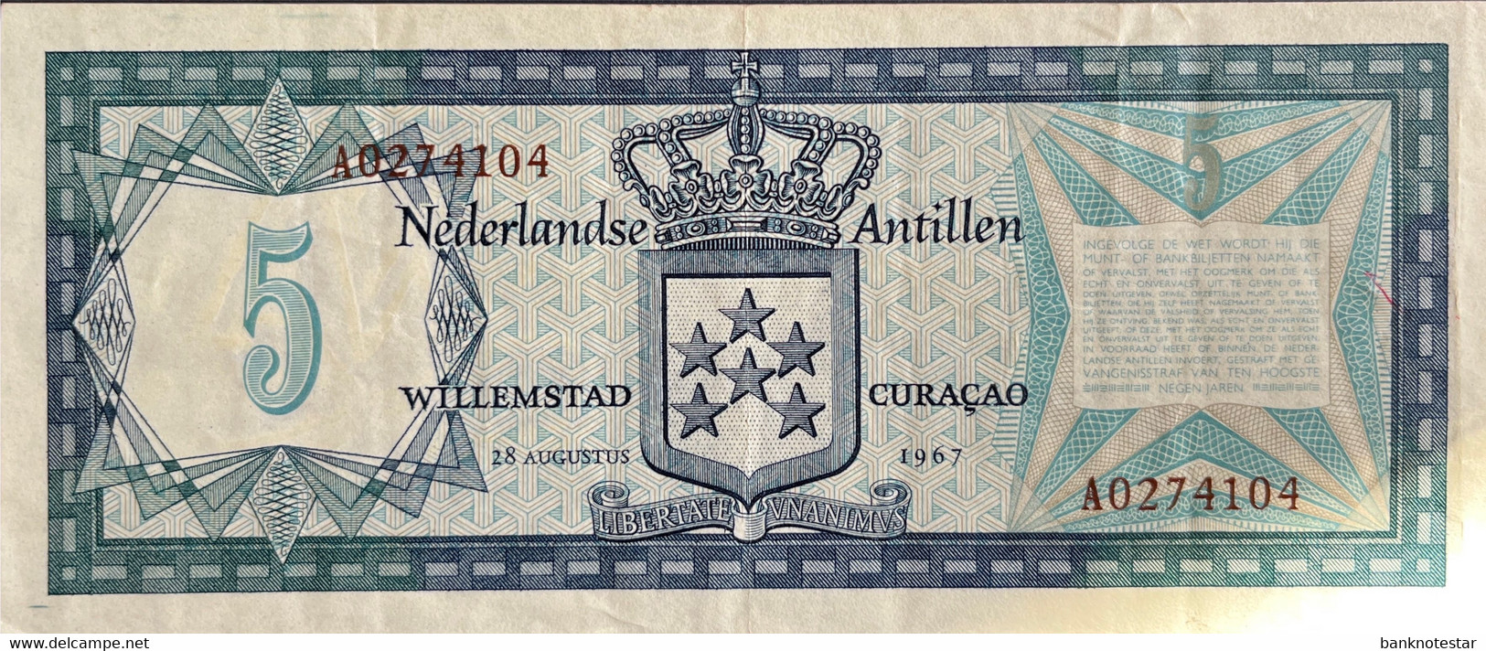 Netherland Antilles 5 Gulden, P-8a (28.8.1967) - Very Fine - Nederlandse Antillen (...-1986)