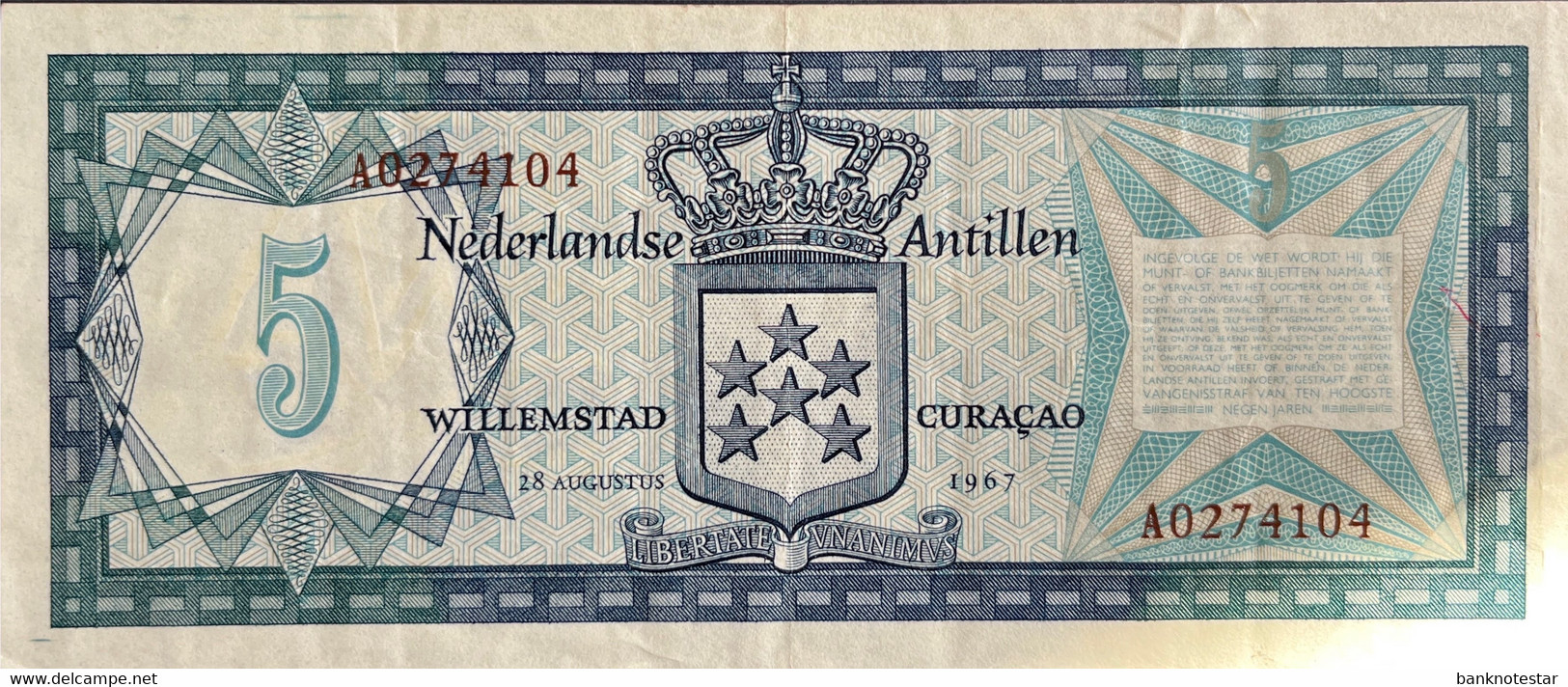Netherland Antilles 5 Gulden, P-8a (28.8.1967) - Very Fine - Niederländische Antillen (...-1986)