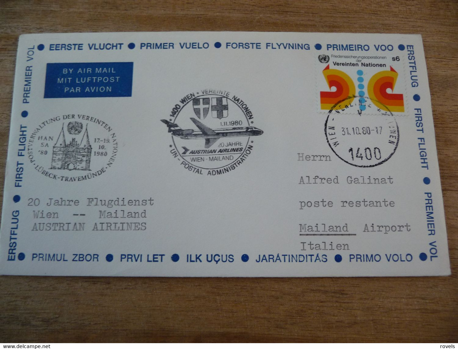 (6) UNITED NATIONS -ONU - NAZIONI UNITE - NATIONS UNIES *  FDC 1980 * ERSTE FLUG * FIRST FLIGHT WIEN -MAILAND AUSTRIAN - Covers & Documents