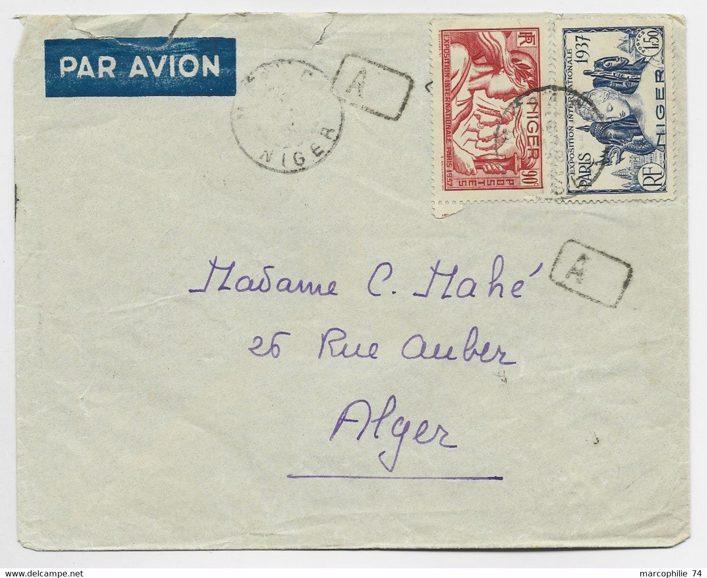 NIGER 90C RARE +1FR50 LETTRE COVER AR AVION MARADI 1939 NIGER POUR ALGERIE CENSURE - Cartas & Documentos