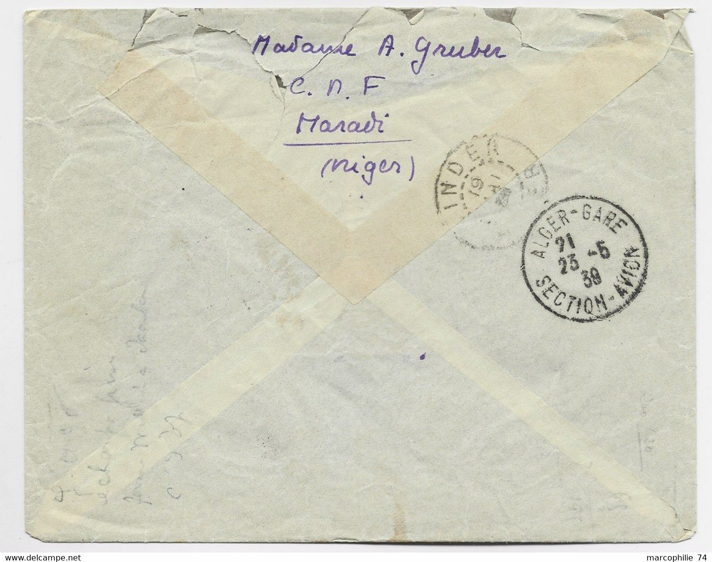 NIGER 90C RARE +1FR50 LETTRE COVER AR AVION MARADI 1939 NIGER POUR ALGERIE CENSURE - Briefe U. Dokumente