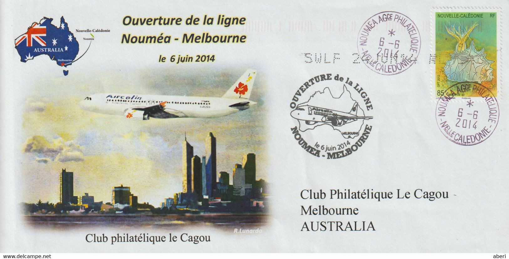 14453 Ouverture De La Ligne NOUMÉA - MELBOURNE - AIRCALIN  - NOUMEA AGENCE PHILATELIQUE - 2014 - Cartas & Documentos