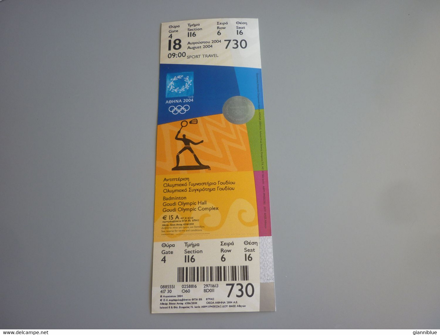 Badminton Athens 2004 Olympic Games Greece Greek Mint Unused Match Ticket Stub 18/08/2004 09:00 #730 - Apparel, Souvenirs & Other