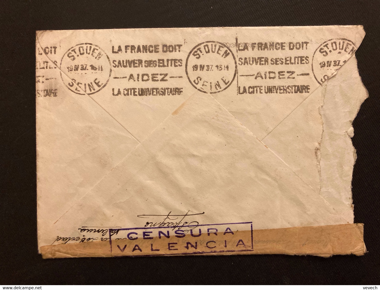 LETTRE TP 20c X2 OBL.16 ABR 37 VILLAR DEL ARZOBISPO (VALENCIA) + CENSURA VALENCIA + CENSURADA - Marques De Censures Nationalistes