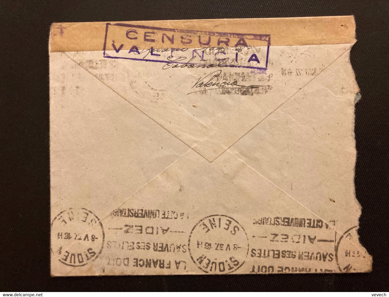 LETTRE TP 30c Paire OBL.MEC.5 MAY 37 VALENCIA 45 + CENSURA VALENCIA Pour Mr BEGUENA à SAINT OUEN - Marques De Censures Nationalistes