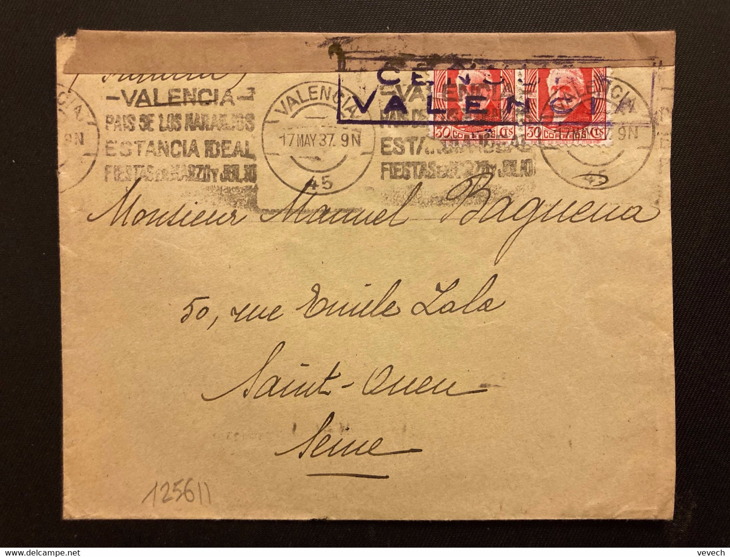 LETTRE TP 30c Paire OBL.MEC.17 MAY 37 VALENCIA 45 + CENSURA VALENCIA Pour Mr Marcel BEGUENA à SAINT OUEN - Nationalistische Zensur