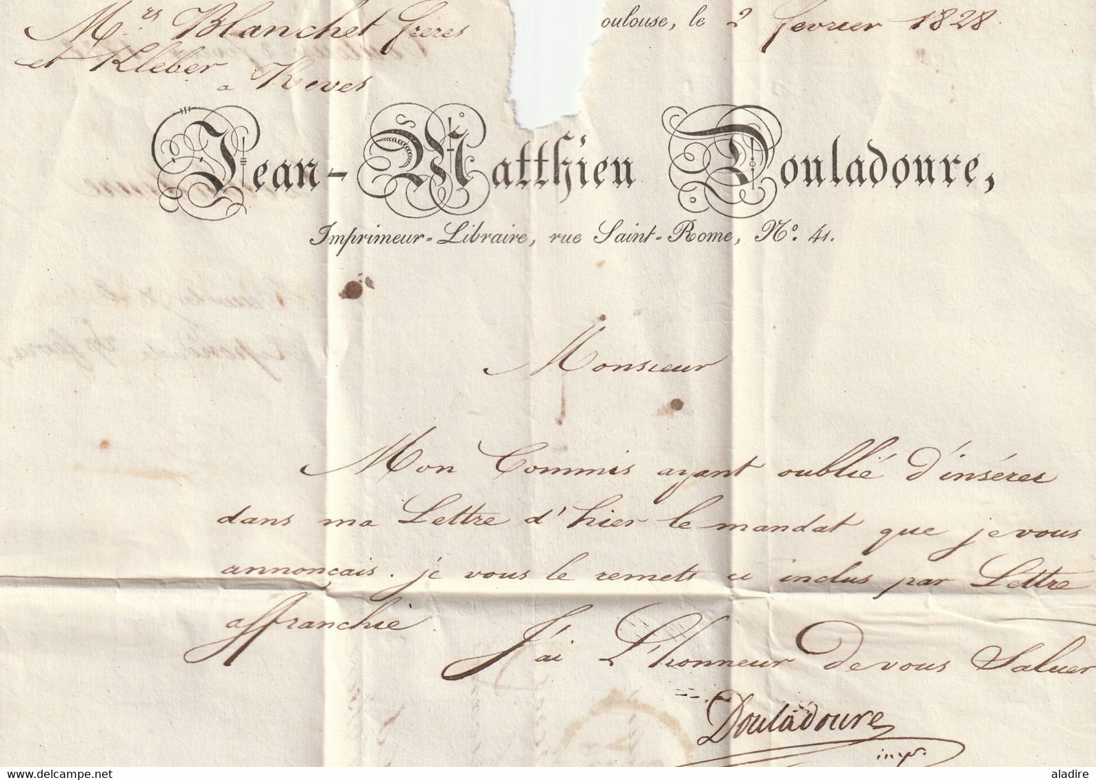 1828 - Marque postale P 30 P TOULOUSE sur lettre pliée avec correspondance vers RIVES, ISERE - dateurs