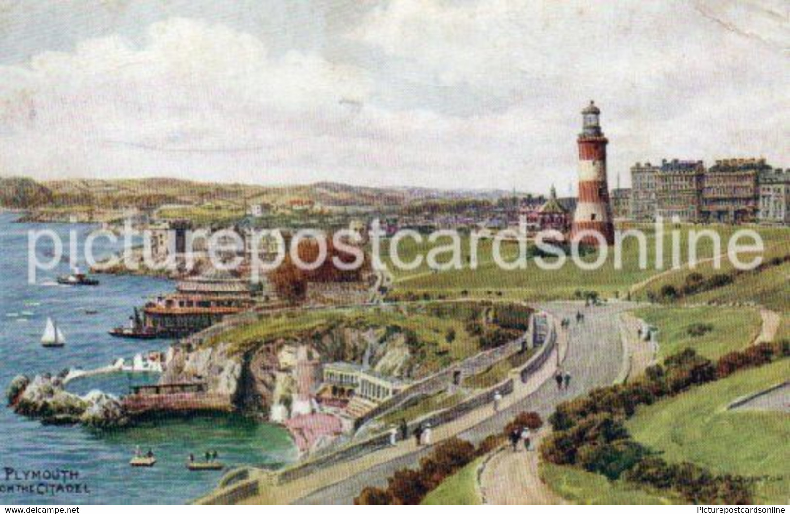 PLYMOUTH FROM THE CITADEL OLD COLOUR ART POSTCARD ARTIST SIGNED A.R. QUINTON SALMON 2402 - Quinton, AR