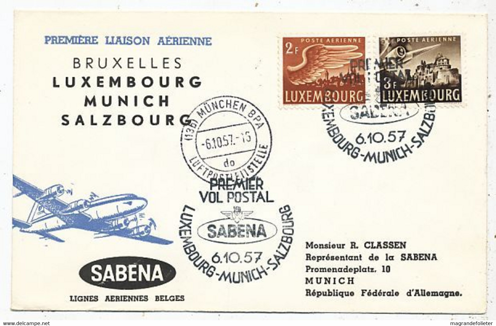 AVION AVIATION SABENA FDC PREMIER VOL POSTAL  BRUXELLES-LUXEMBOURG-MUNICH-SALZBOURG 1957 - Flight Certificates