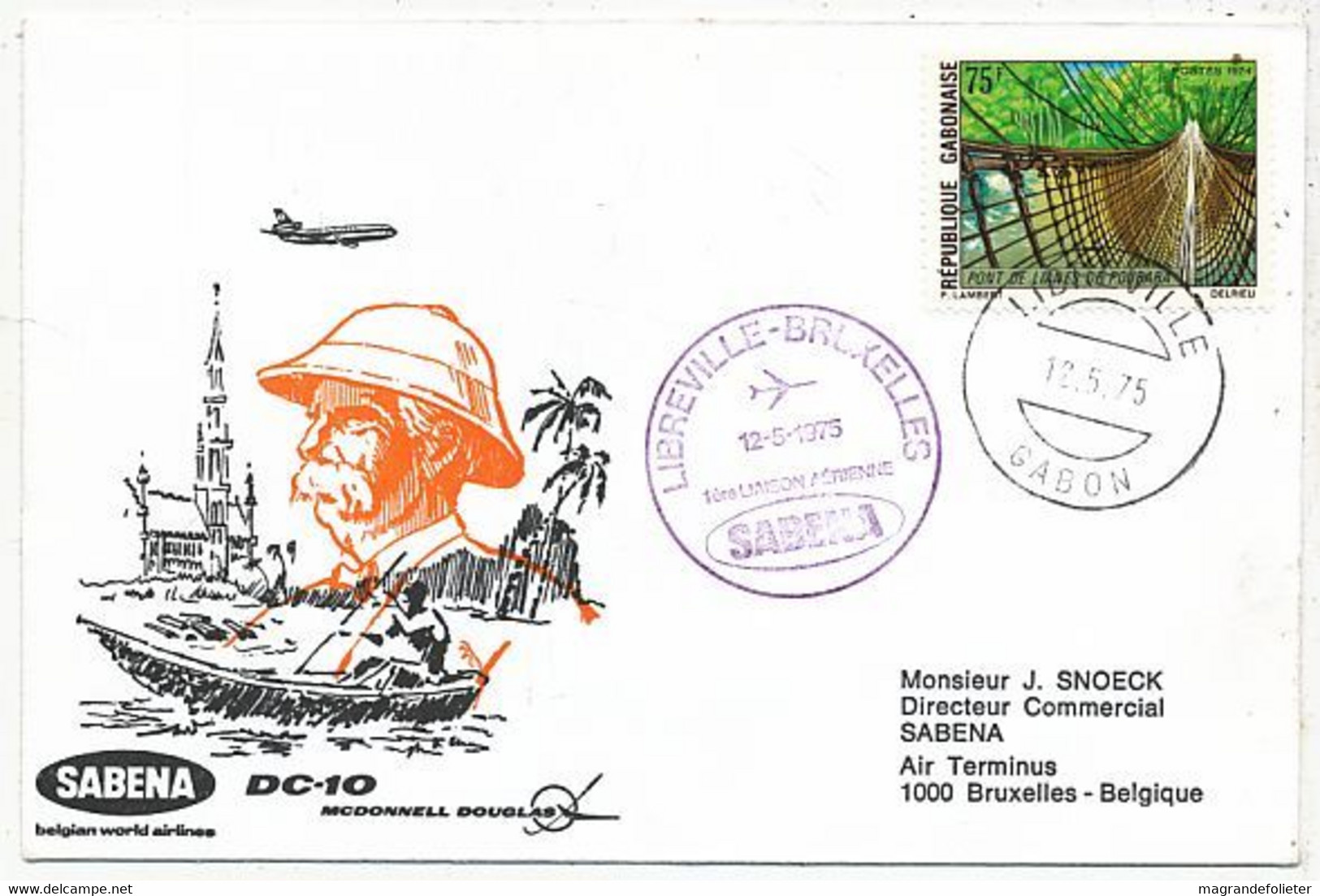 AVION AVIATION SABENA FDC PREMIER VOL DC-10 LIBREVILLE-BRUXELLES 1975 - Zertifikate