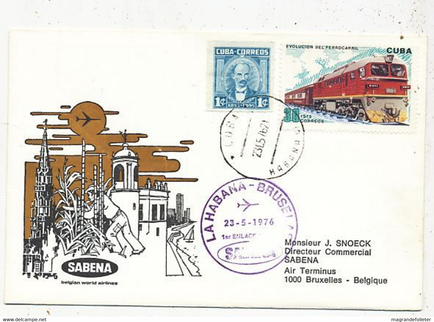 AVION AVIATION SABENA FDC PREMIER VOL LA HABANA-BRUXELLES 1976 - Zertifikate